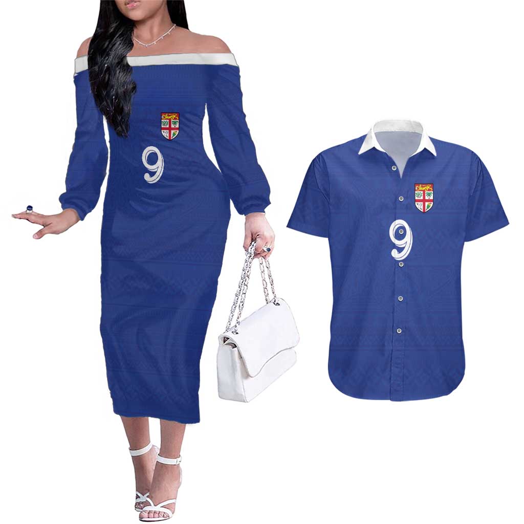 Custom Fijian Football Couples Matching Off The Shoulder Long Sleeve Dress and Hawaiian Shirt Tapa Pattern and Shark Tribal LT03 Blue - Polynesian Pride