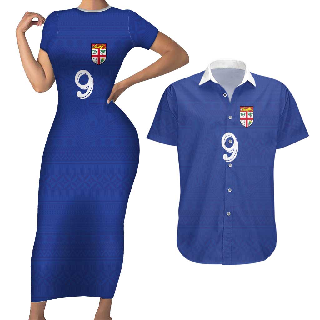 Custom Fijian Football Couples Matching Short Sleeve Bodycon Dress and Hawaiian Shirt Tapa Pattern and Shark Tribal LT03 Blue - Polynesian Pride