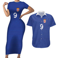 Custom Fijian Football Couples Matching Short Sleeve Bodycon Dress and Hawaiian Shirt Tapa Pattern and Shark Tribal LT03 Blue - Polynesian Pride