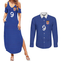 Custom Fijian Football Couples Matching Summer Maxi Dress and Long Sleeve Button Shirt Tapa Pattern and Shark Tribal LT03 Blue - Polynesian Pride