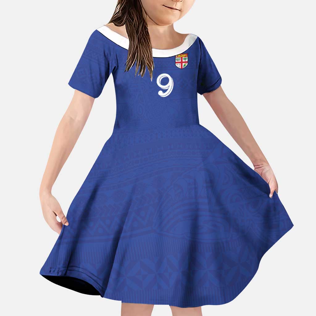 Custom Fijian Football Family Matching Mermaid Dress and Hawaiian Shirt Tapa Pattern and Shark Tribal LT03 Daughter's Dress Blue - Polynesian Pride