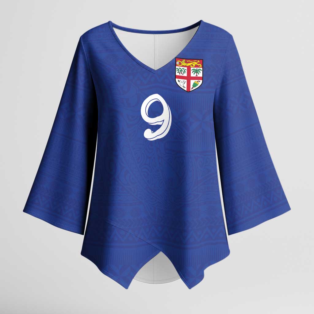 Custom Fijian Football Kimono Sleeve Blouse Tapa Pattern and Shark Tribal LT03 Female Blue - Polynesian Pride