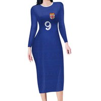 Custom Fijian Football Long Sleeve Bodycon Dress Tapa Pattern and Shark Tribal LT03 Long Dress Blue - Polynesian Pride
