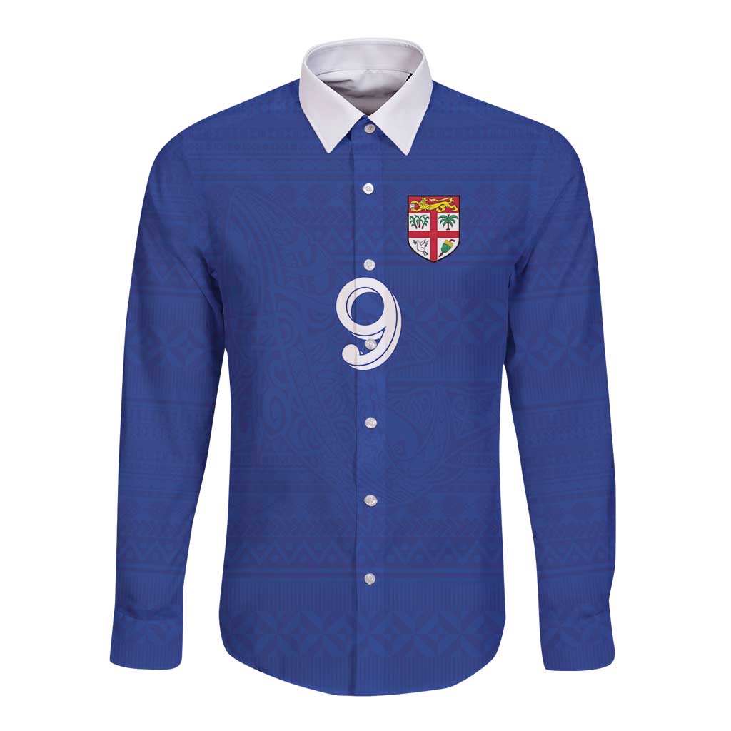 Custom Fijian Football Long Sleeve Button Shirt Tapa Pattern and Shark Tribal