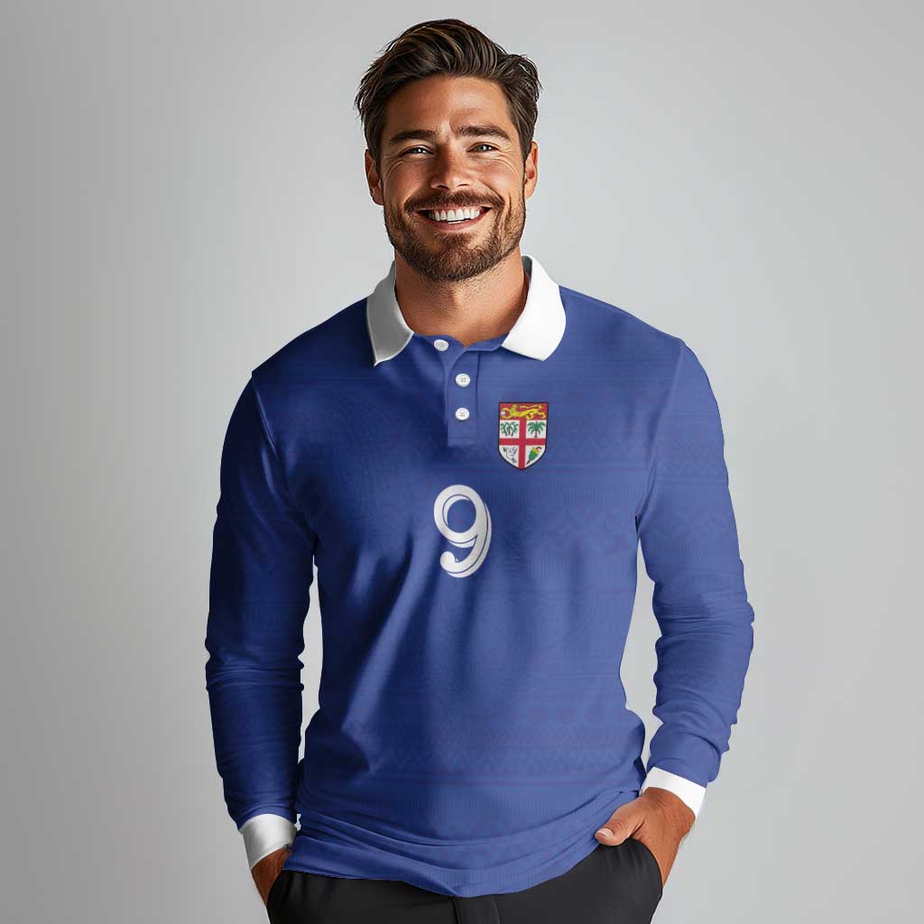 Custom Fijian Football Long Sleeve Polo Shirt Tapa Pattern and Shark Tribal LT03 - Polynesian Pride