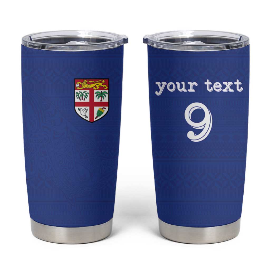 Custom Fijian Football Tumbler Cup Tapa Pattern and Shark Tribal LT03 Blue - Polynesian Pride