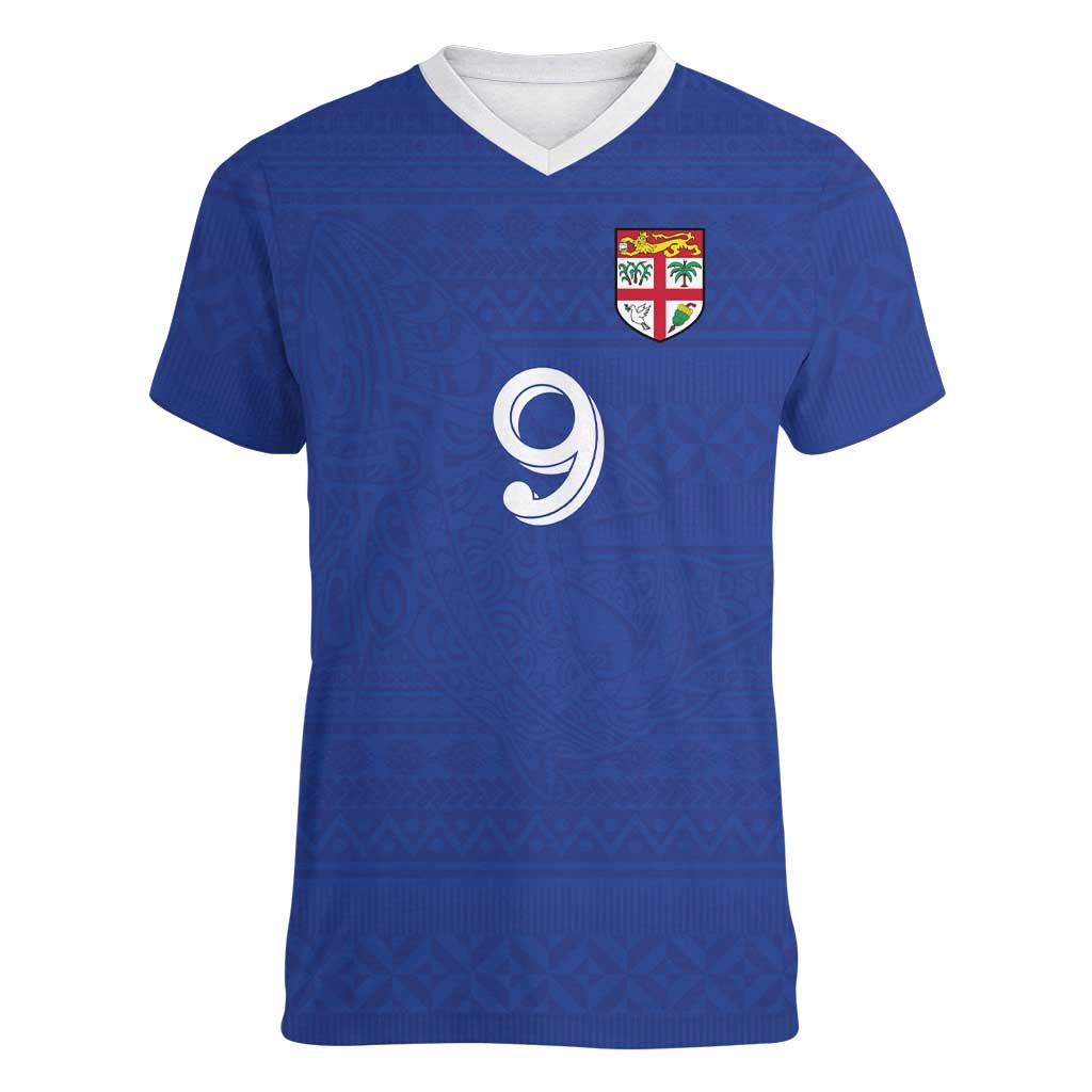 Custom Fijian Football Women V-Neck T-Shirt Tapa Pattern and Shark Tribal