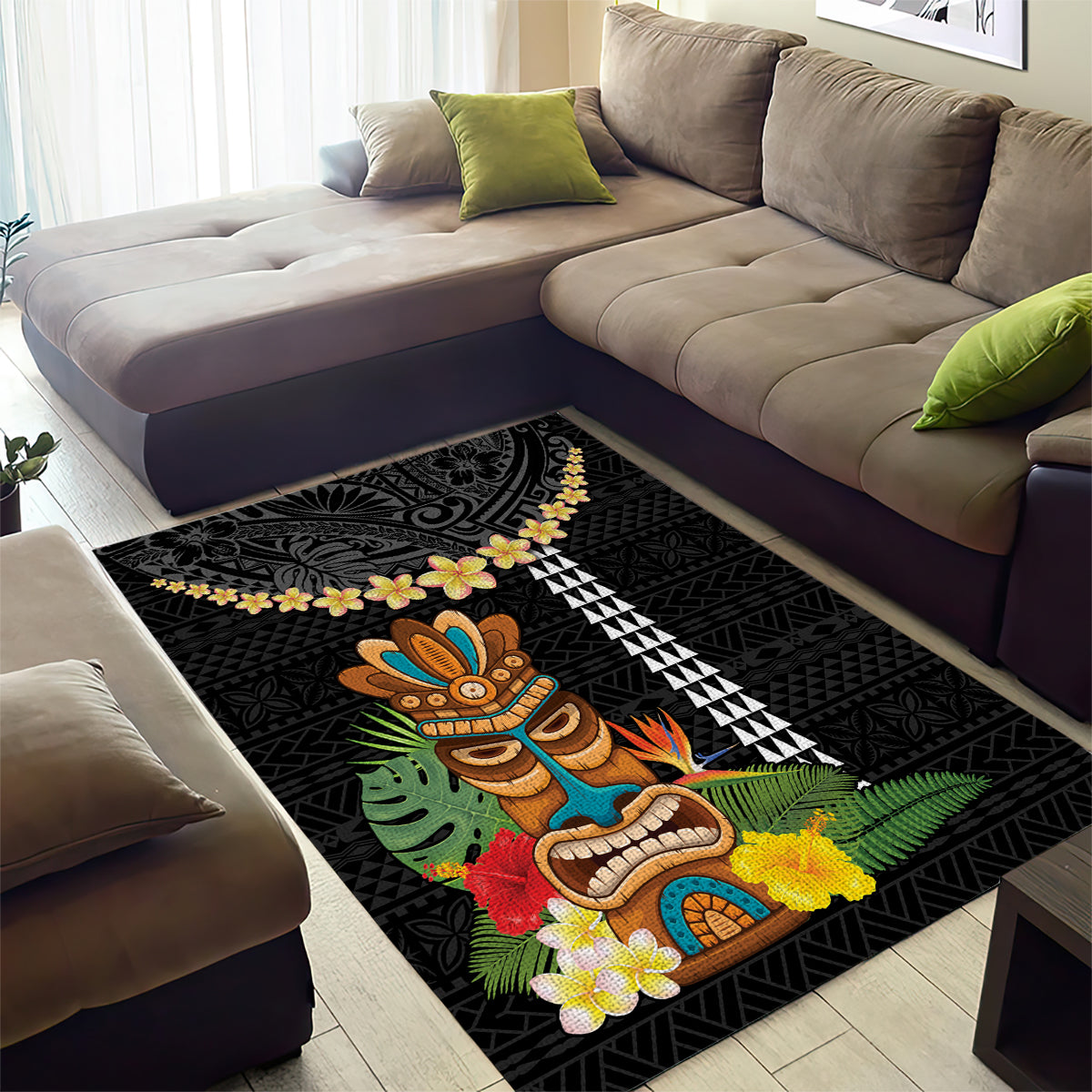 Hawaii Plumeria Lei Area Rug Tiki and Kakau Pattern Black Color