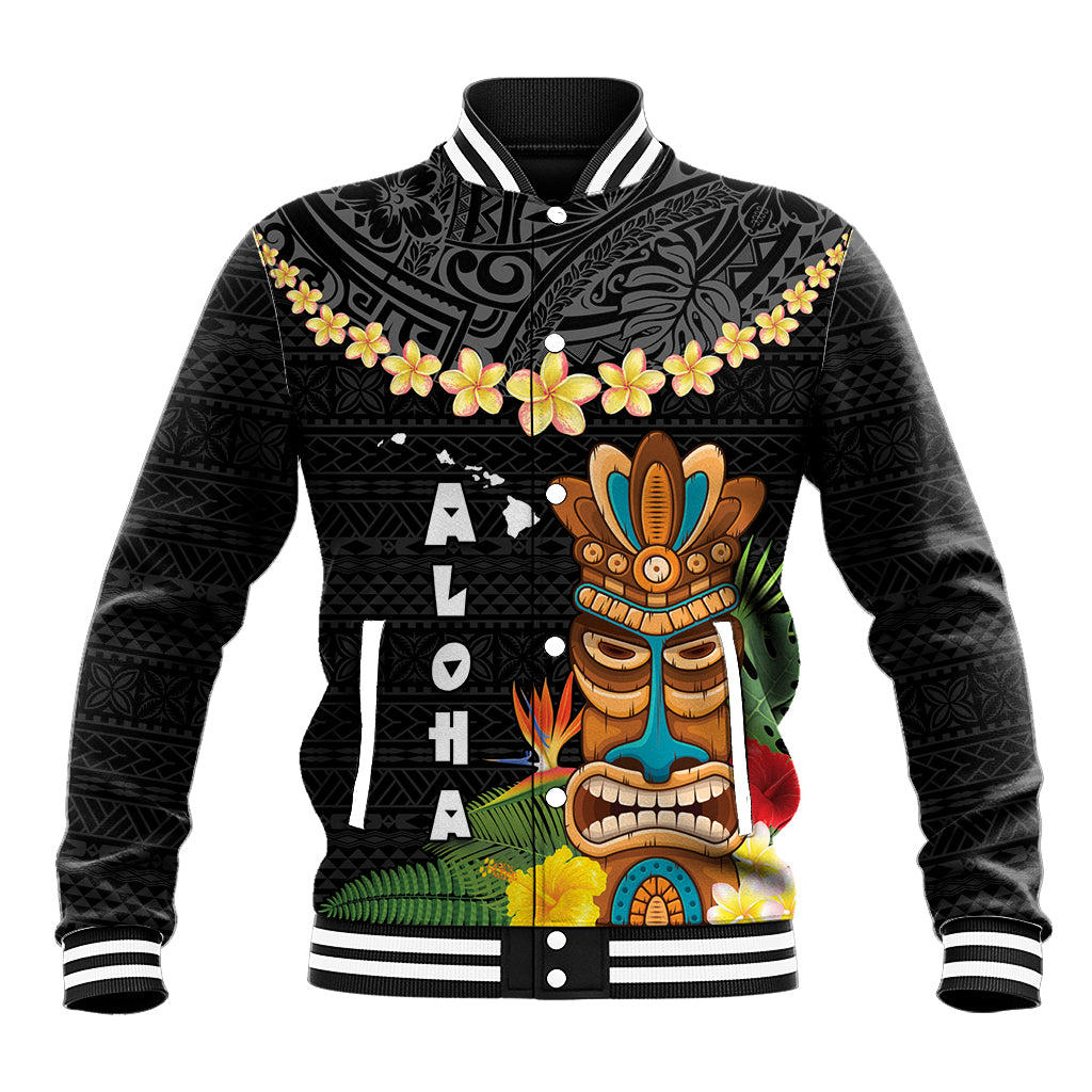 Hawaii Plumeria Lei Baseball Jacket Tiki and Kakau Pattern Black Color