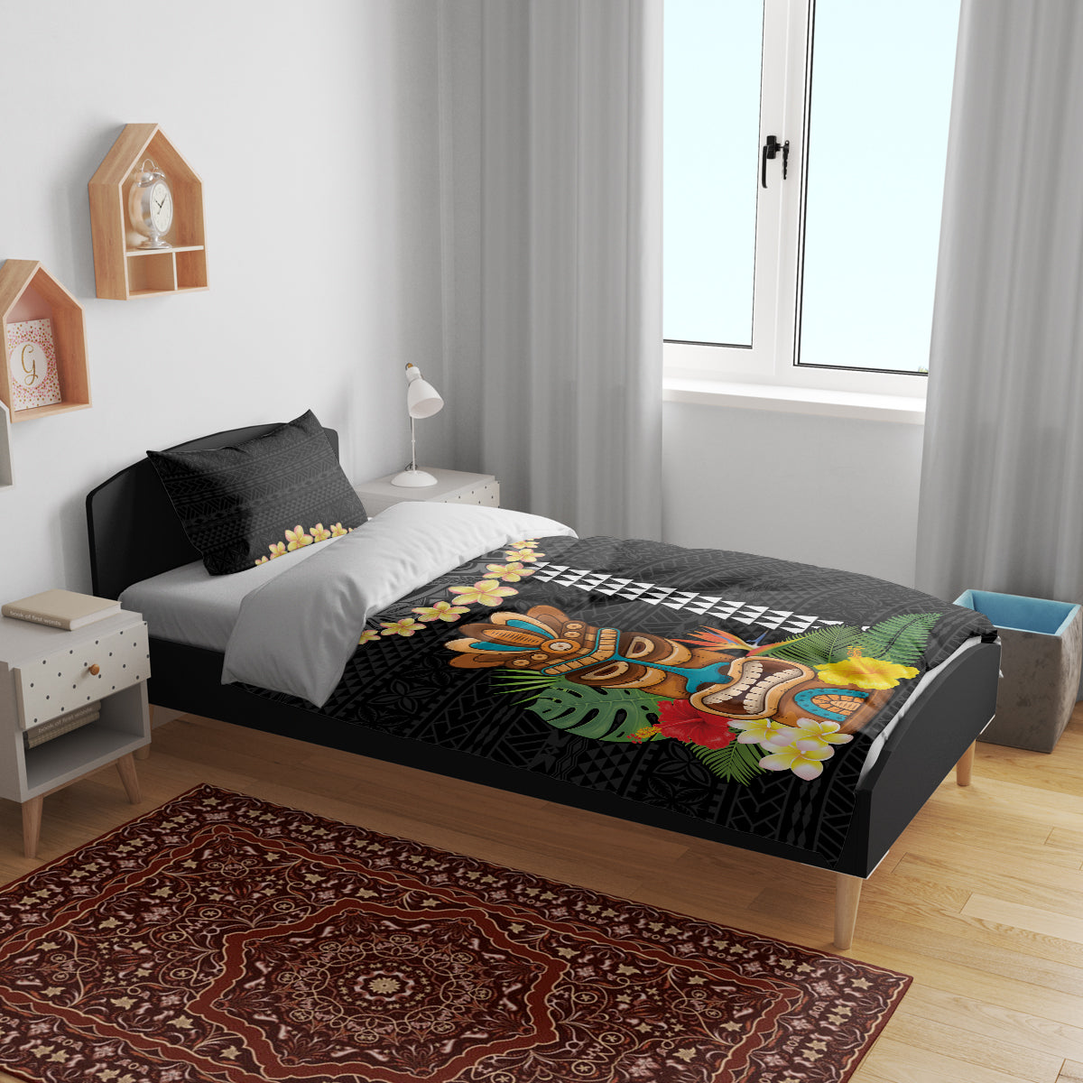 Hawaii Plumeria Lei Bedding Set Tiki and Kakau Pattern Black Color