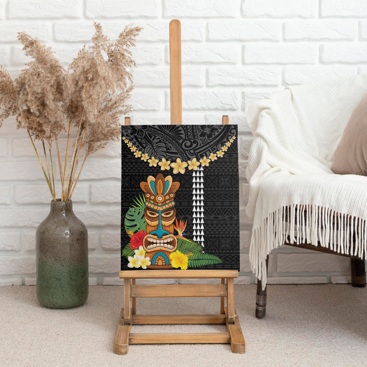 Hawaii Plumeria Lei Canvas Wall Art Tiki and Kakau Pattern Black Color