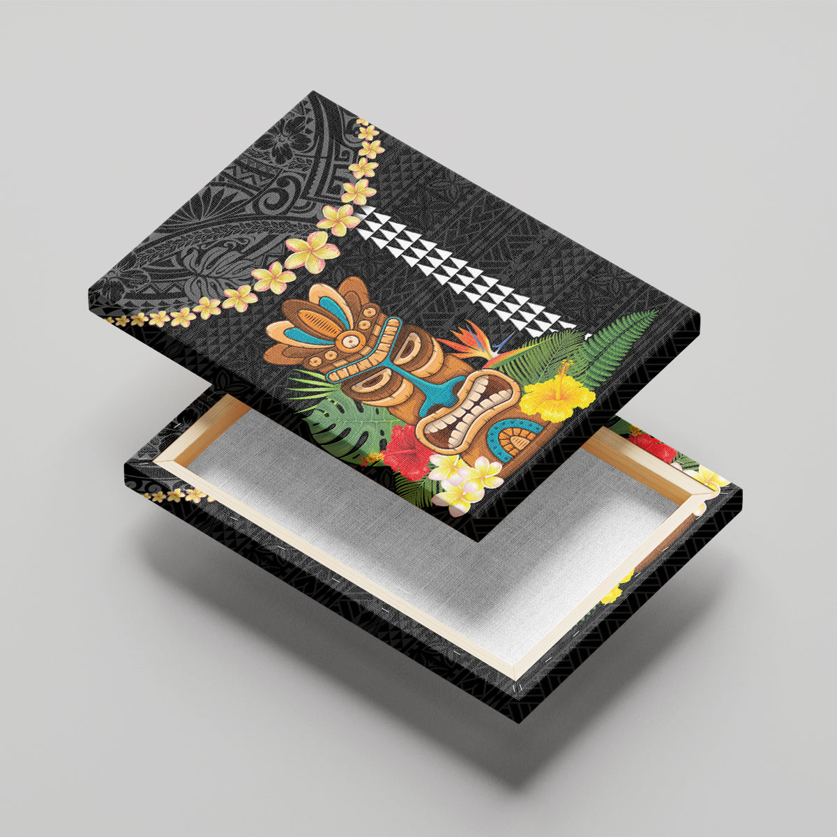 Hawaii Plumeria Lei Canvas Wall Art Tiki and Kakau Pattern Black Color