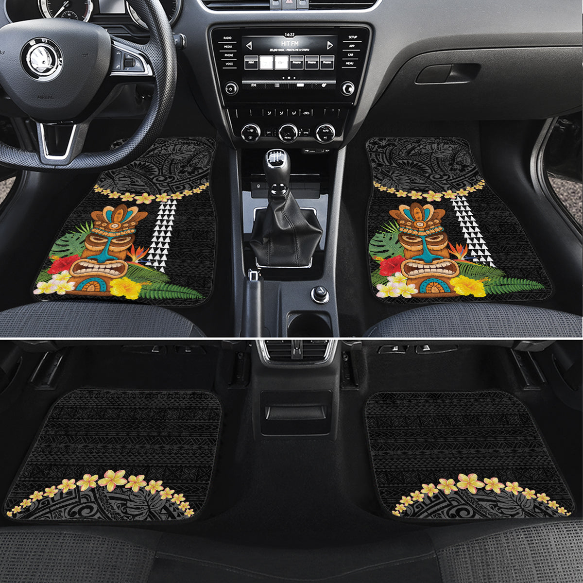 Hawaii Plumeria Lei Car Mats Tiki and Kakau Pattern Black Color