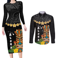 Hawaii Plumeria Lei Couples Matching Long Sleeve Bodycon Dress and Long Sleeve Button Shirt Tiki and Kakau Pattern Black Color