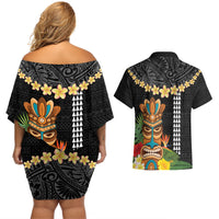 Hawaii Plumeria Lei Couples Matching Off Shoulder Short Dress and Hawaiian Shirt Tiki and Kakau Pattern Black Color