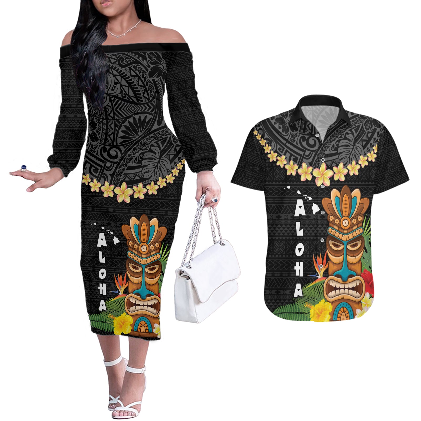 Hawaii Plumeria Lei Couples Matching Off The Shoulder Long Sleeve Dress and Hawaiian Shirt Tiki and Kakau Pattern Black Color