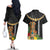 Hawaii Plumeria Lei Couples Matching Off The Shoulder Long Sleeve Dress and Hawaiian Shirt Tiki and Kakau Pattern Black Color