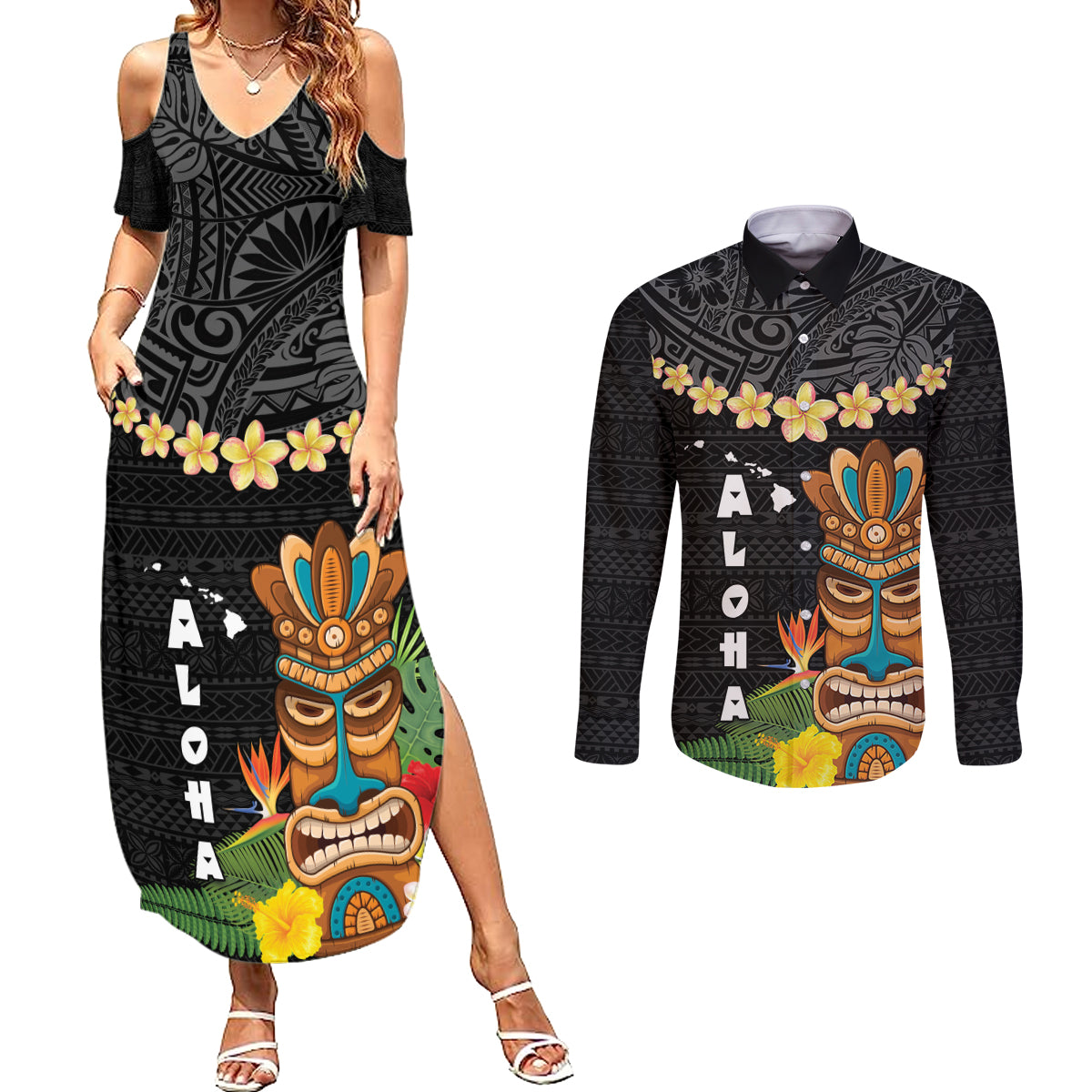Hawaii Plumeria Lei Couples Matching Summer Maxi Dress and Long Sleeve Button Shirt Tiki and Kakau Pattern Black Color