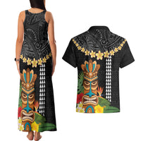 Hawaii Plumeria Lei Couples Matching Tank Maxi Dress and Hawaiian Shirt Tiki and Kakau Pattern Black Color