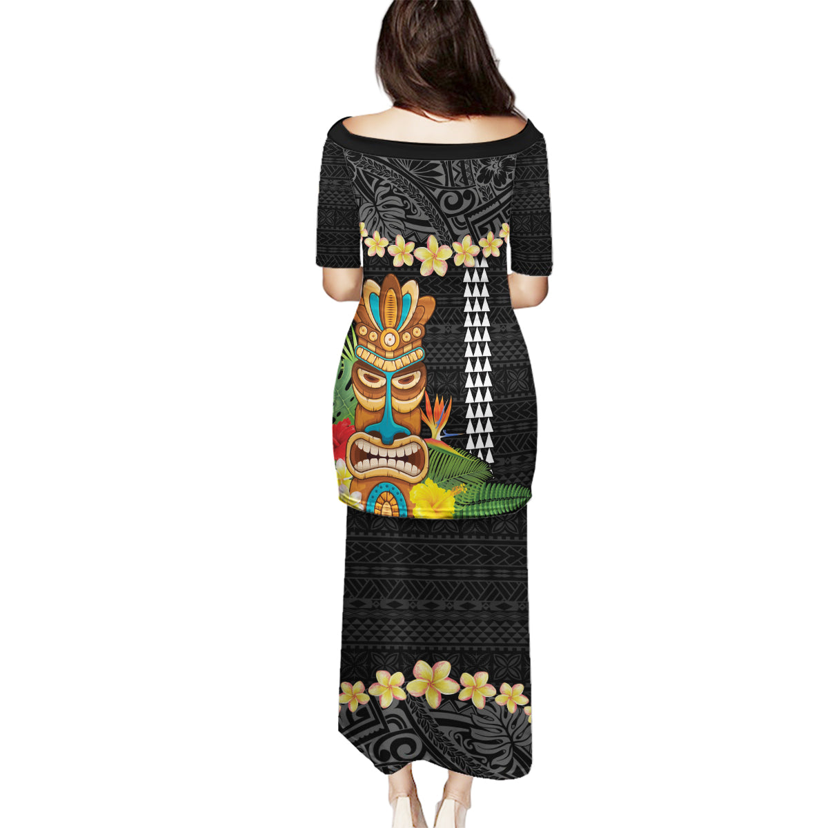 Hawaii Plumeria Lei Family Matching Puletasi and Hawaiian Shirt Tiki and Kakau Pattern Black Color