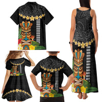 Hawaii Plumeria Lei Family Matching Tank Maxi Dress and Hawaiian Shirt Tiki and Kakau Pattern Black Color