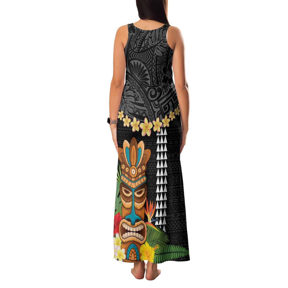 Hawaii Plumeria Lei Family Matching Tank Maxi Dress and Hawaiian Shirt Tiki and Kakau Pattern Black Color