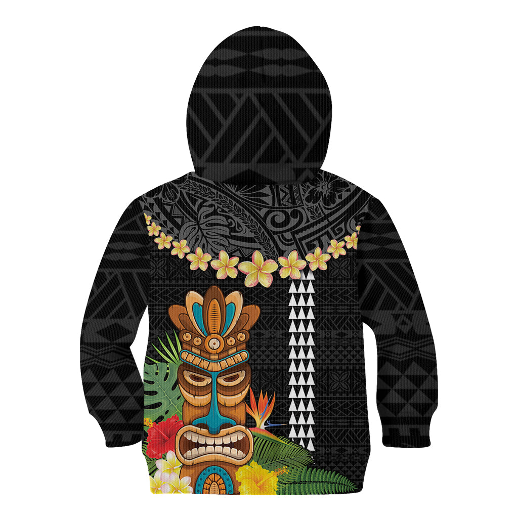 Hawaii Plumeria Lei Kid Hoodie Tiki and Kakau Pattern Black Color