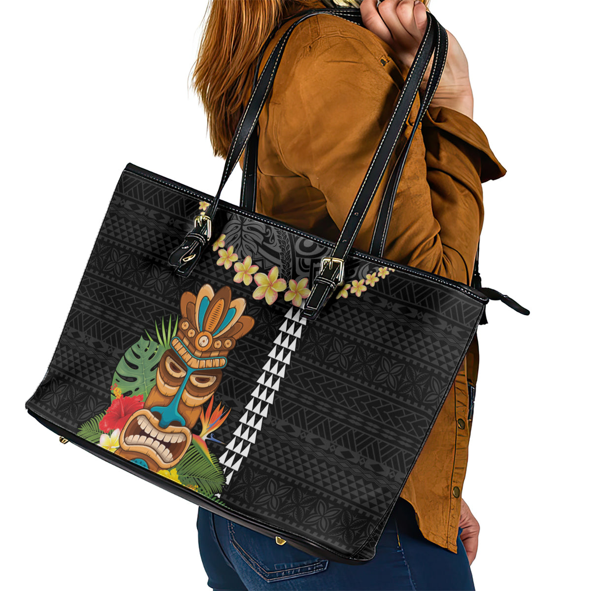 Hawaii Plumeria Lei Leather Tote Bag Tiki and Kakau Pattern Black Color