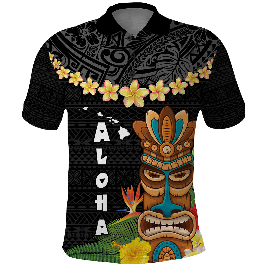 Hawaii Plumeria Lei Polo Shirt Tiki and Kakau Pattern Black Color