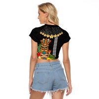 Hawaii Plumeria Lei Raglan Cropped T Shirt Tiki and Kakau Pattern Black Color