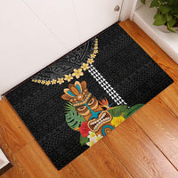 Hawaii Plumeria Lei Rubber Doormat Tiki and Kakau Pattern Black Color