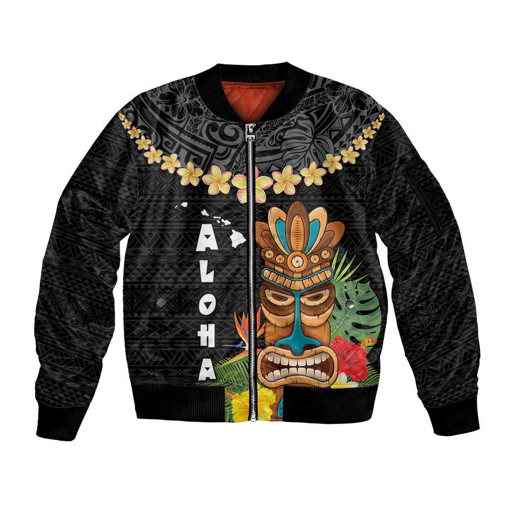 Hawaii Plumeria Lei Sleeve Zip Bomber Jacket Tiki and Kakau Pattern Black Color