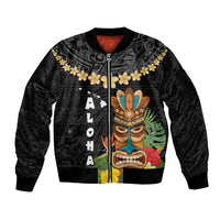 Hawaii Plumeria Lei Sleeve Zip Bomber Jacket Tiki and Kakau Pattern Black Color