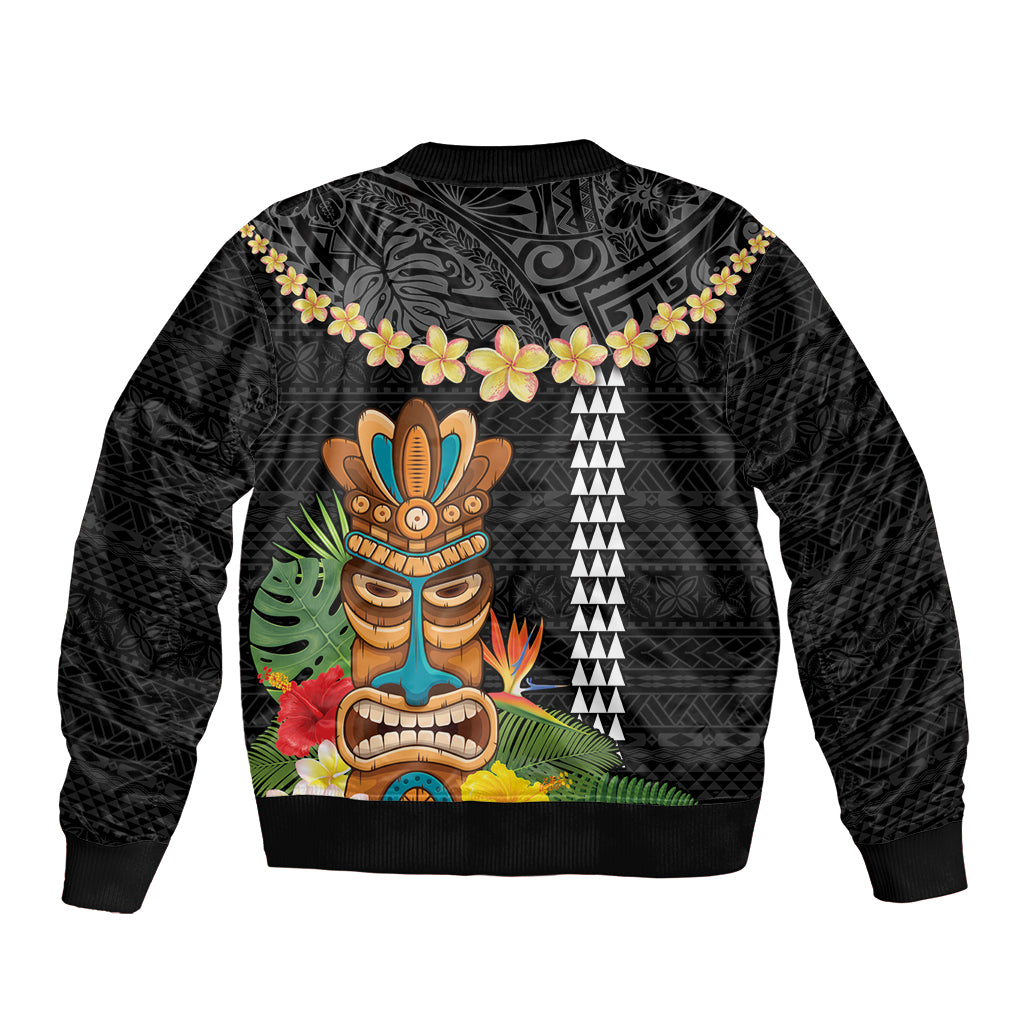 Hawaii Plumeria Lei Sleeve Zip Bomber Jacket Tiki and Kakau Pattern Black Color
