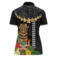 Hawaii Plumeria Lei Women Polo Shirt Tiki and Kakau Pattern Black Color