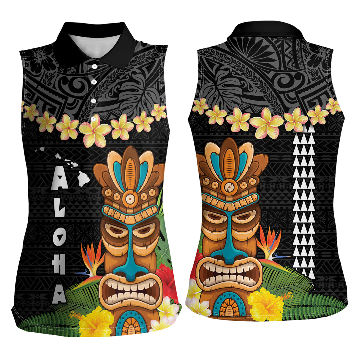 Hawaii Plumeria Lei Women Sleeveless Polo Shirt Tiki and Kakau Pattern Black Color