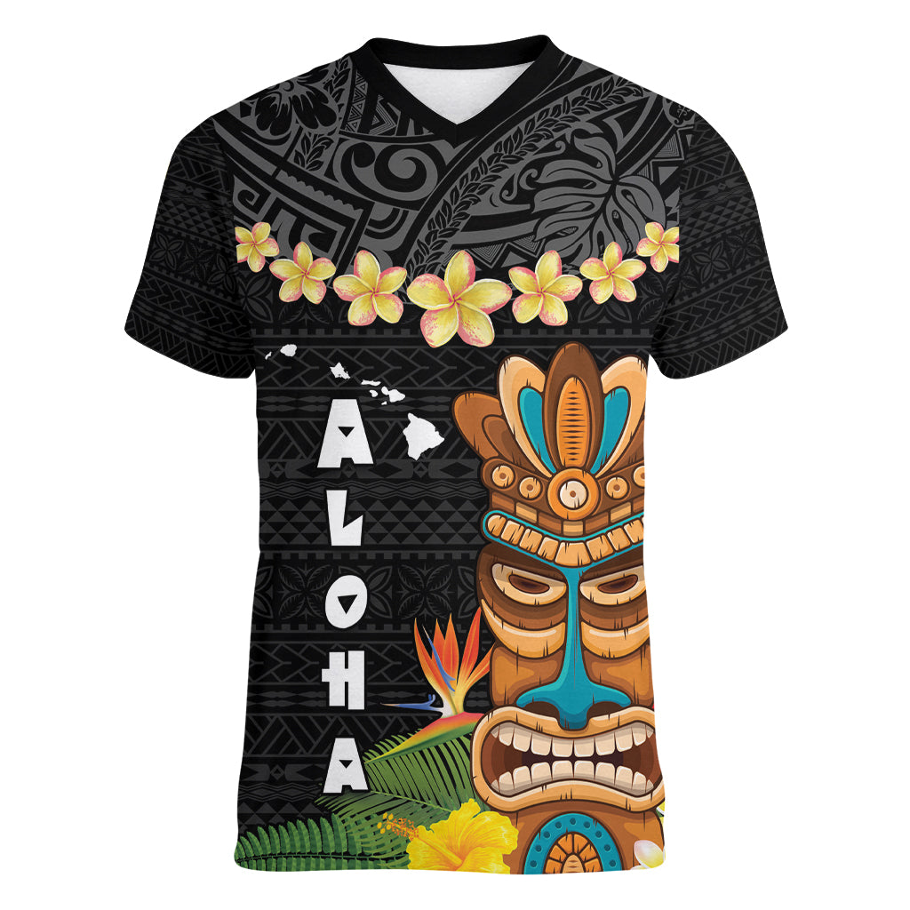 Hawaii Plumeria Lei Women V-Neck T-Shirt Tiki and Kakau Pattern Black Color