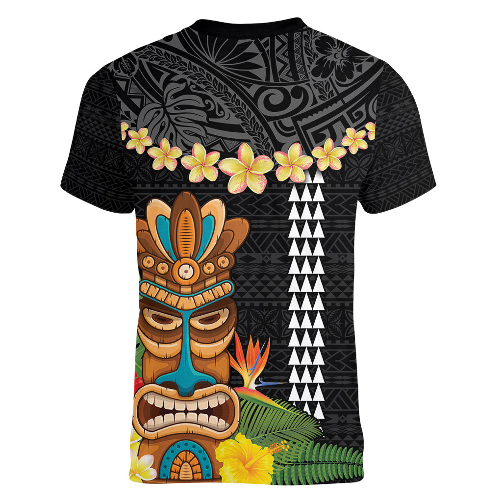 Hawaii Plumeria Lei Women V-Neck T-Shirt Tiki and Kakau Pattern Black Color