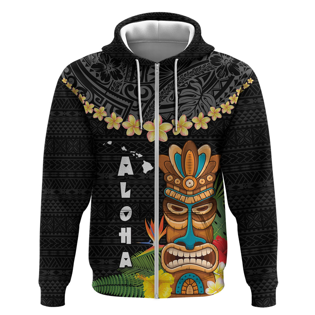 Hawaii Plumeria Lei Zip Hoodie Tiki and Kakau Pattern Black Color