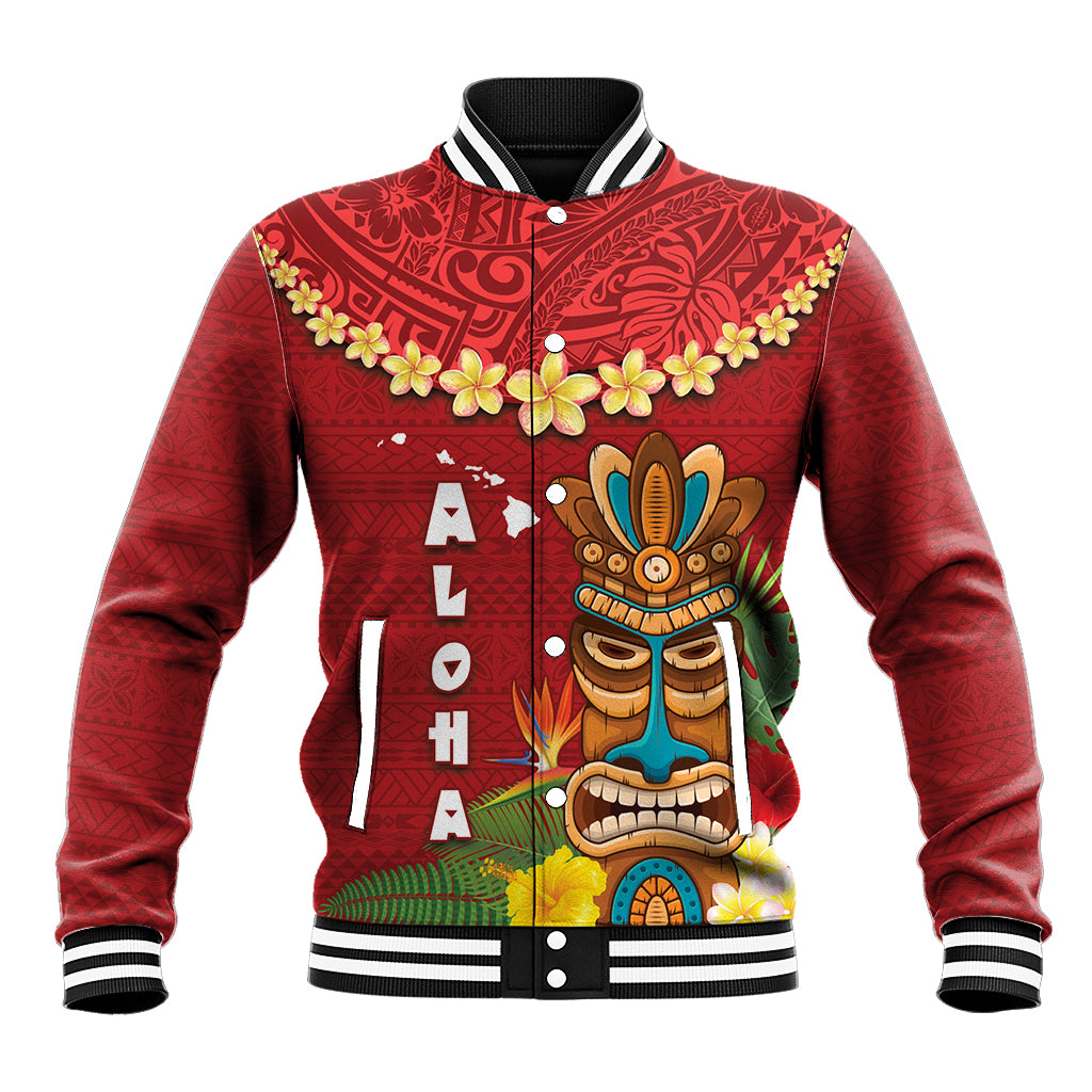 Hawaii Plumeria Lei Baseball Jacket Tiki and Kakau Pattern Red Color