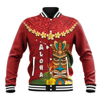 Hawaii Plumeria Lei Baseball Jacket Tiki and Kakau Pattern Red Color