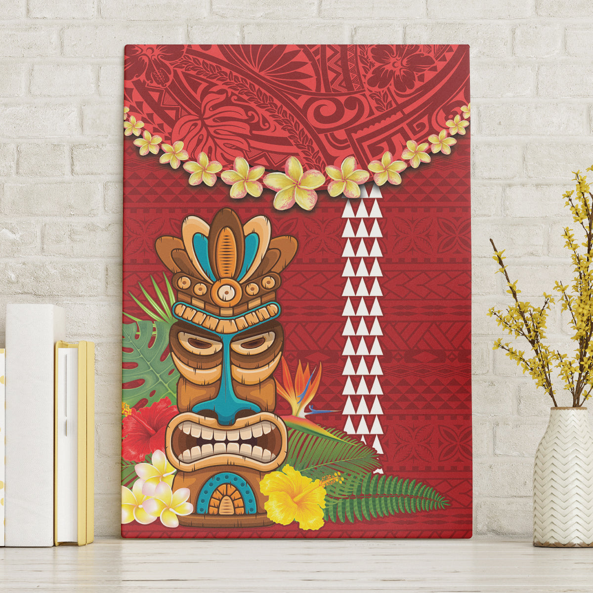 Hawaii Plumeria Lei Canvas Wall Art Tiki and Kakau Pattern Red Color