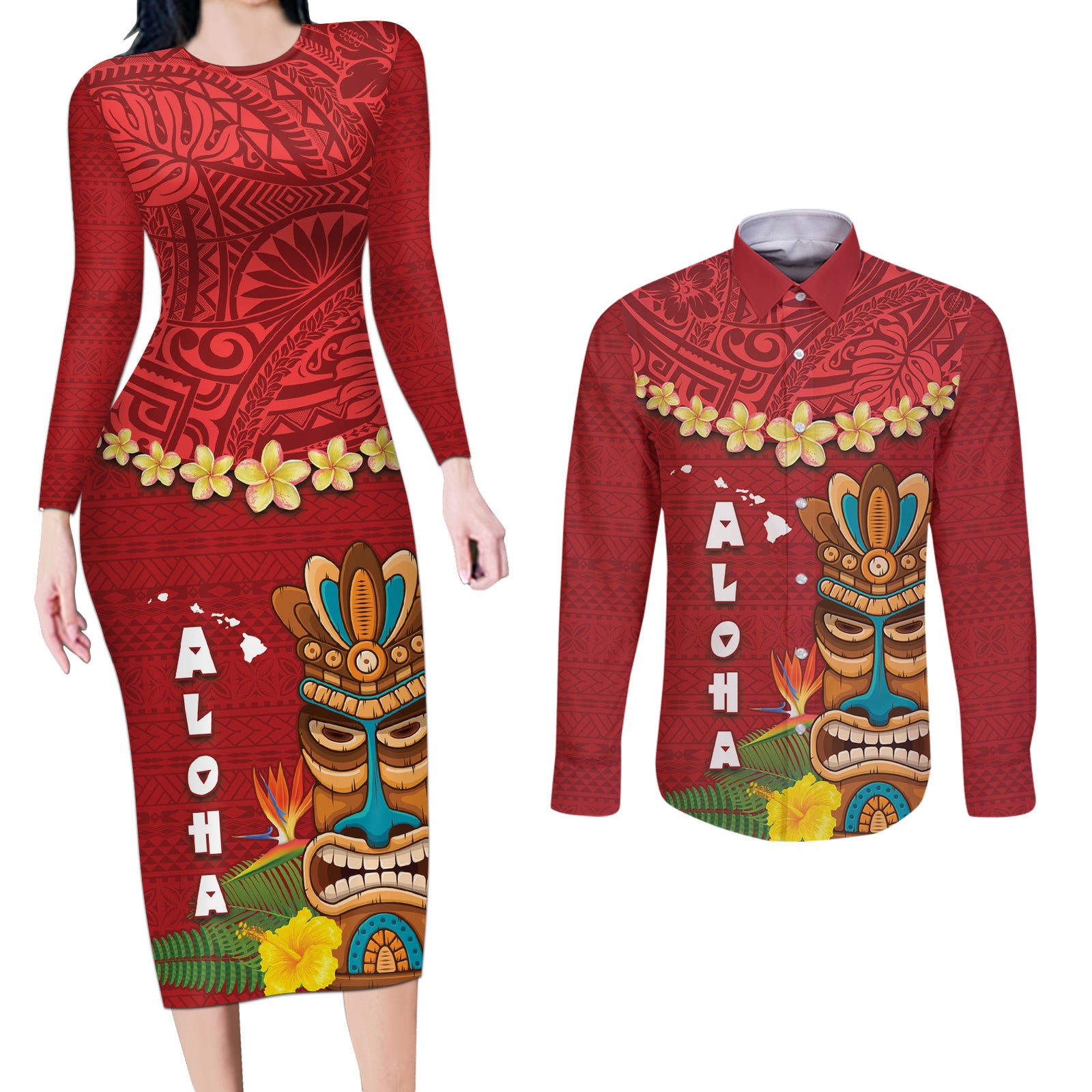 Hawaii Plumeria Lei Couples Matching Long Sleeve Bodycon Dress and Long Sleeve Button Shirt Tiki and Kakau Pattern Red Color