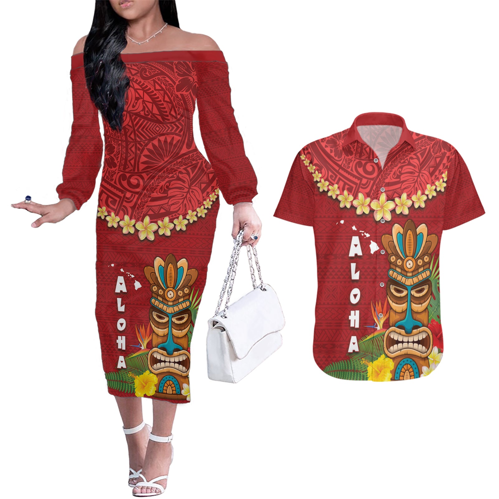Hawaii Plumeria Lei Couples Matching Off The Shoulder Long Sleeve Dress and Hawaiian Shirt Tiki and Kakau Pattern Red Color