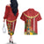 Hawaii Plumeria Lei Couples Matching Off The Shoulder Long Sleeve Dress and Hawaiian Shirt Tiki and Kakau Pattern Red Color