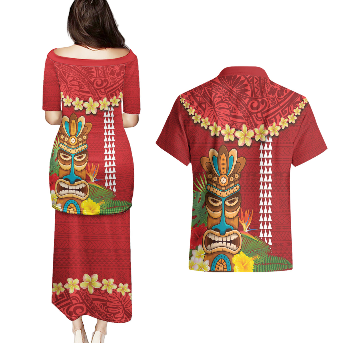 Hawaii Plumeria Lei Couples Matching Puletasi and Hawaiian Shirt Tiki and Kakau Pattern Red Color