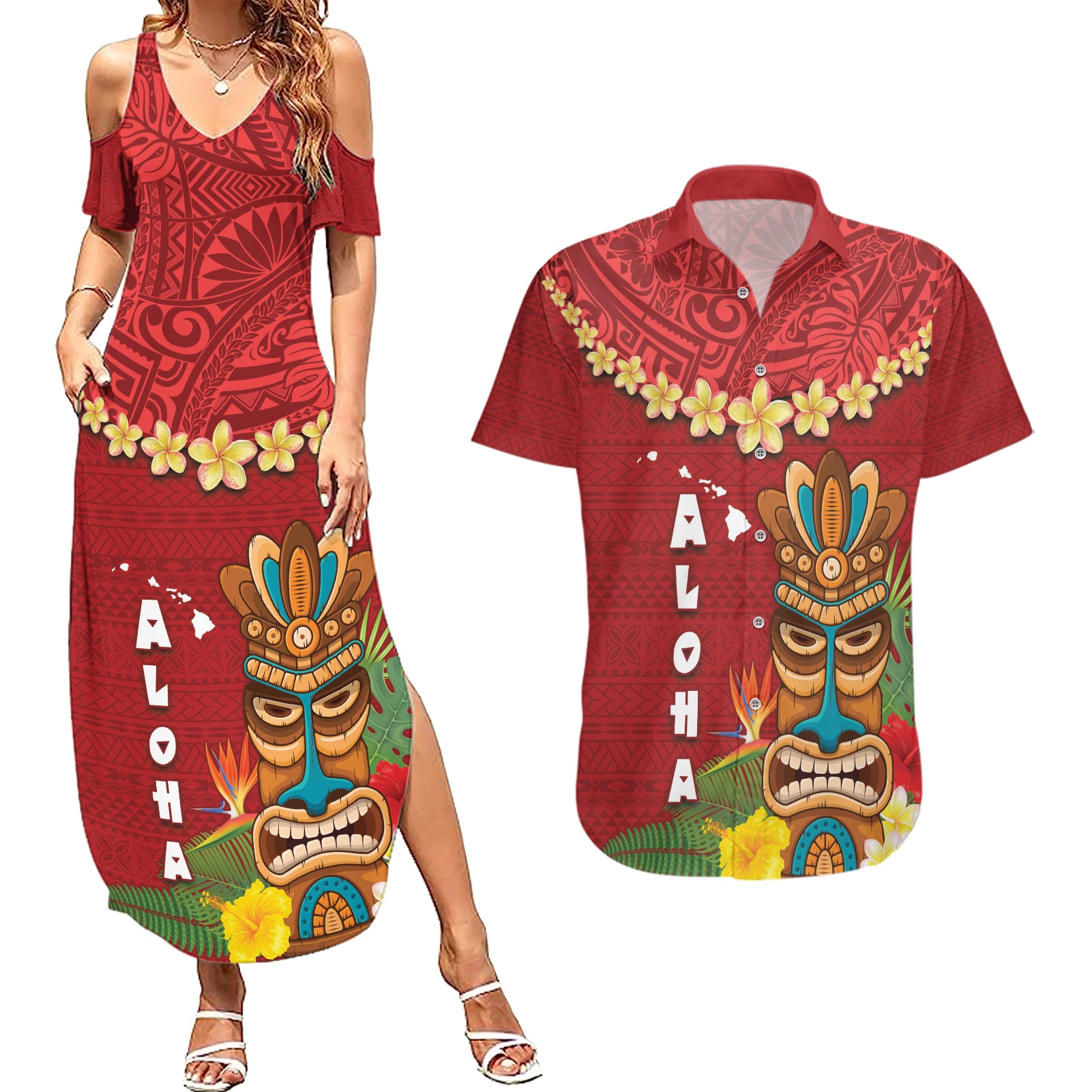 Hawaii Plumeria Lei Couples Matching Summer Maxi Dress and Hawaiian Shirt Tiki and Kakau Pattern Red Color