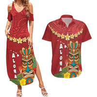 Hawaii Plumeria Lei Couples Matching Summer Maxi Dress and Hawaiian Shirt Tiki and Kakau Pattern Red Color