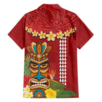 Hawaii Plumeria Lei Family Matching Long Sleeve Bodycon Dress and Hawaiian Shirt Tiki and Kakau Pattern Red Color