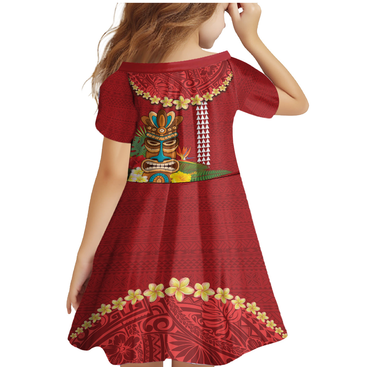 Hawaii Plumeria Lei Family Matching Mermaid Dress and Hawaiian Shirt Tiki and Kakau Pattern Red Color